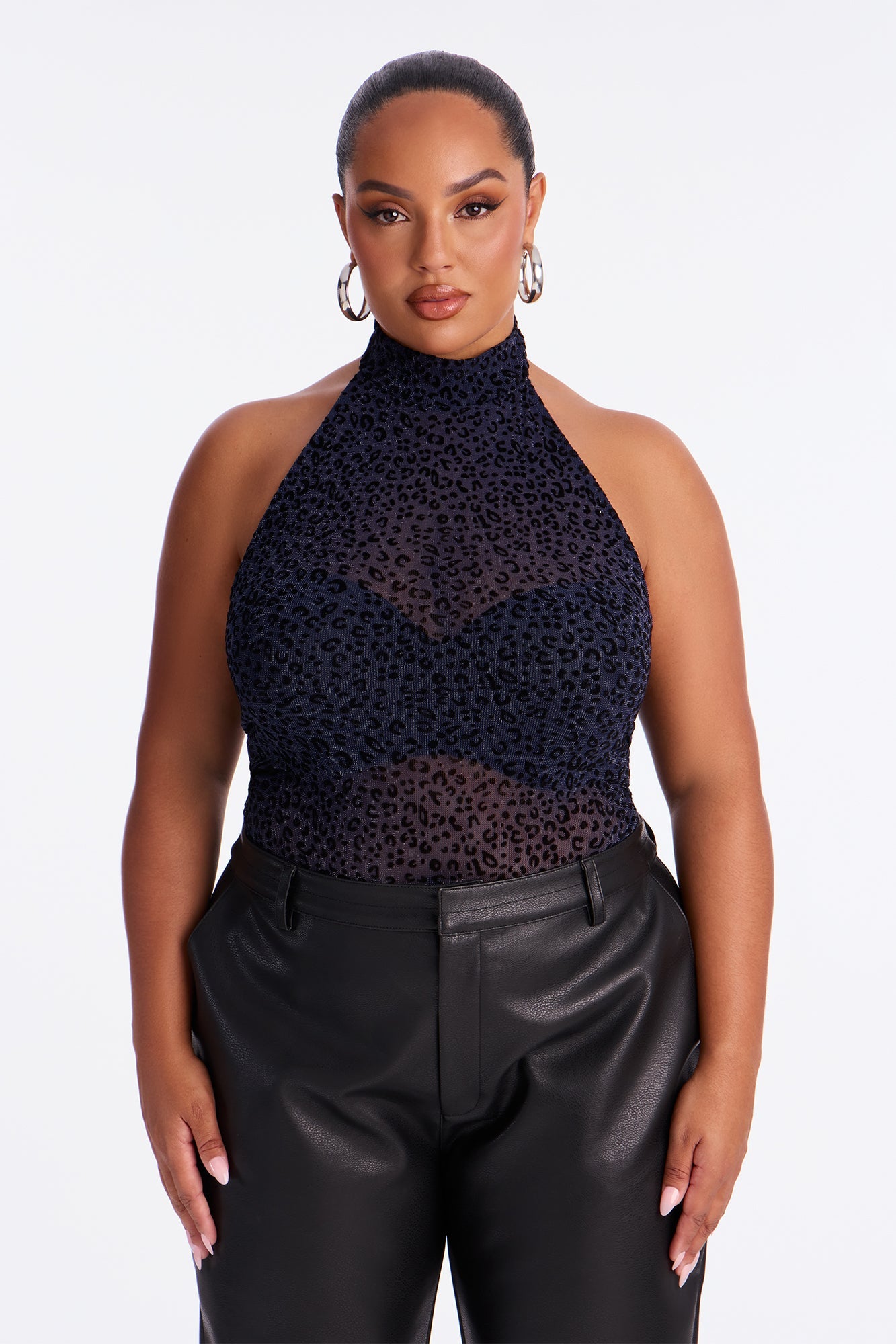 Winnie Flocked Halter Bodysuit - Navy/combo