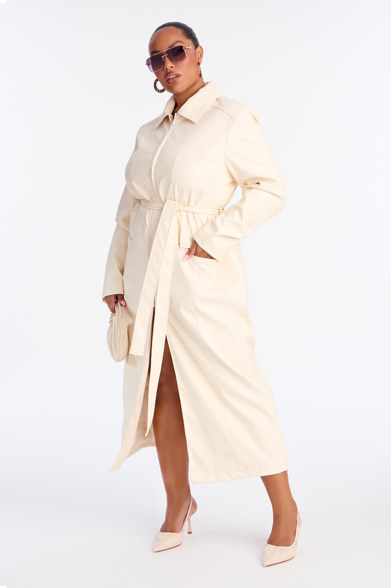 Kennedy Belted Faux Leather Zip Up Coat - Bone
