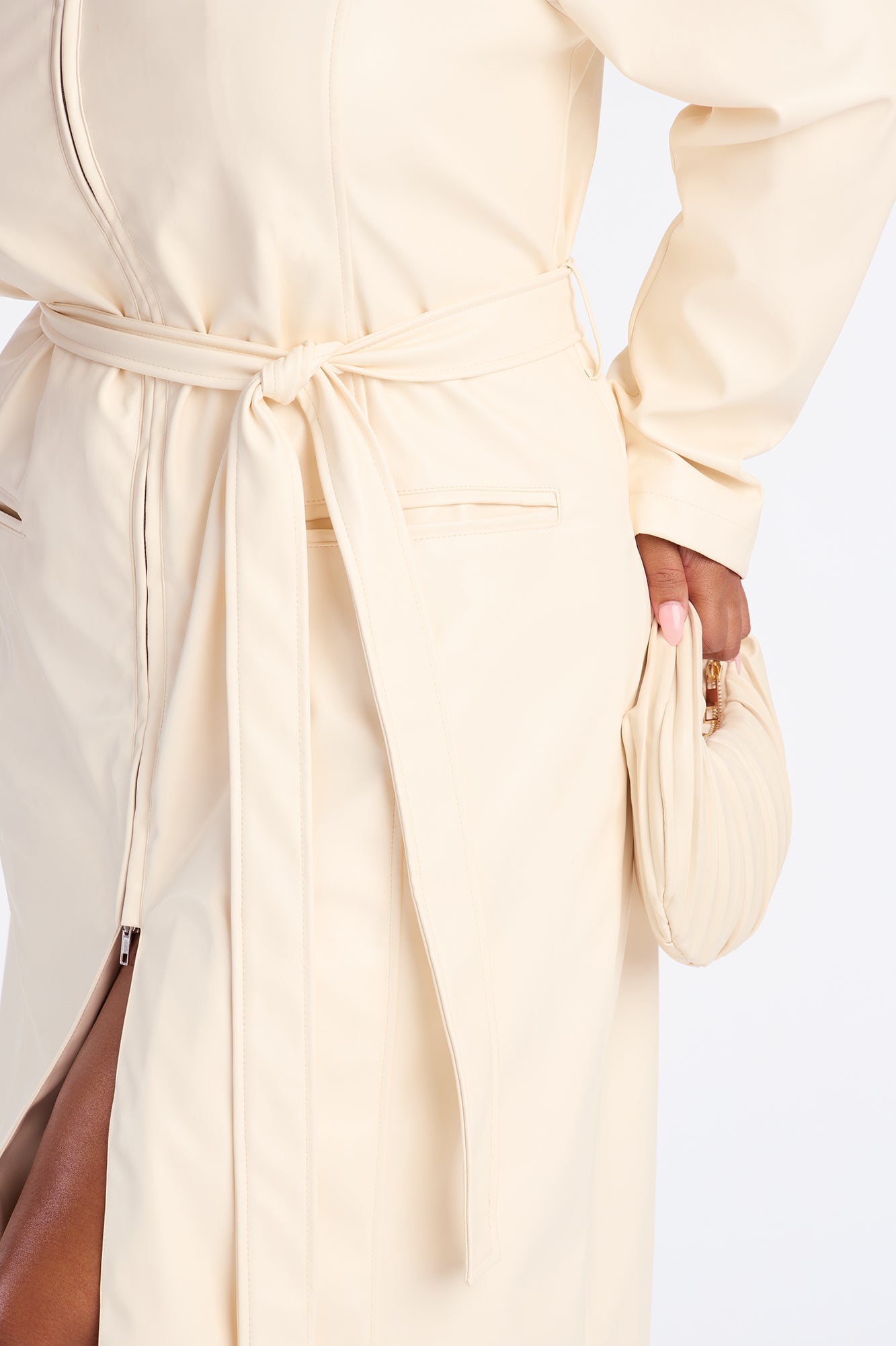 Kennedy Belted Faux Leather Zip Up Coat - Bone