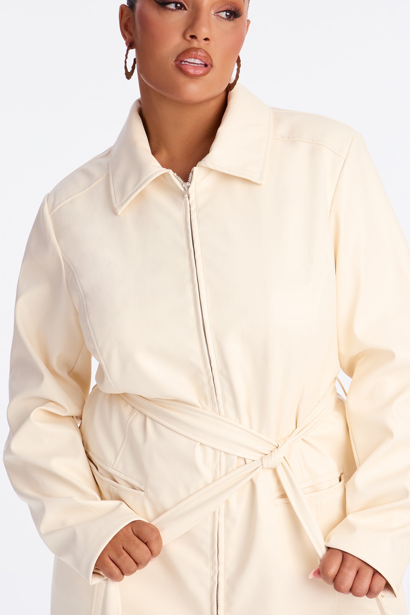 Kennedy Belted Faux Leather Zip Up Coat - Bone