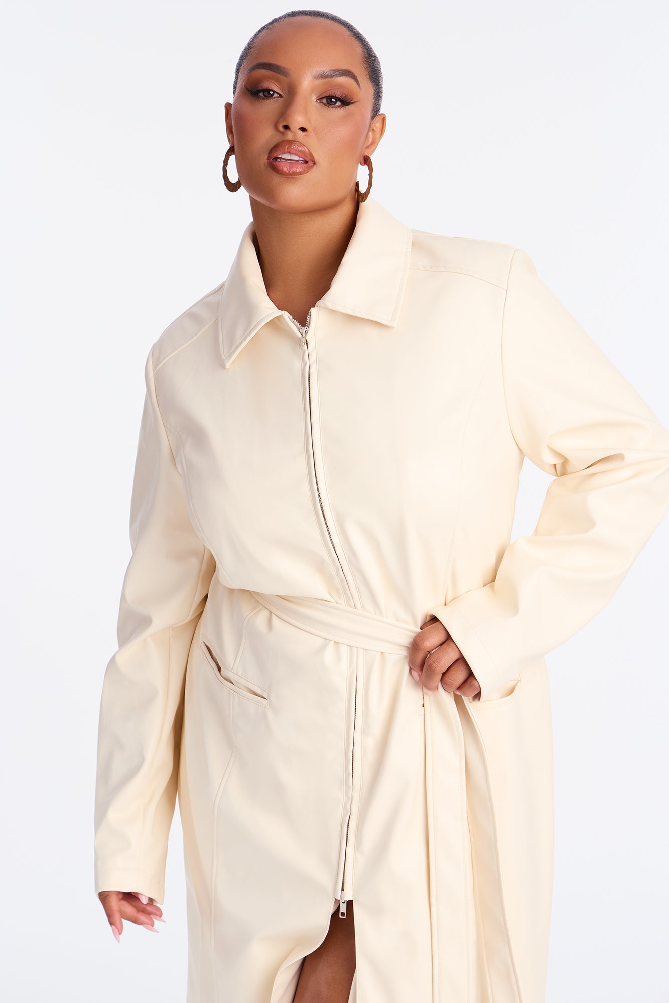 Kennedy Belted Faux Leather Zip Up Coat - Bone