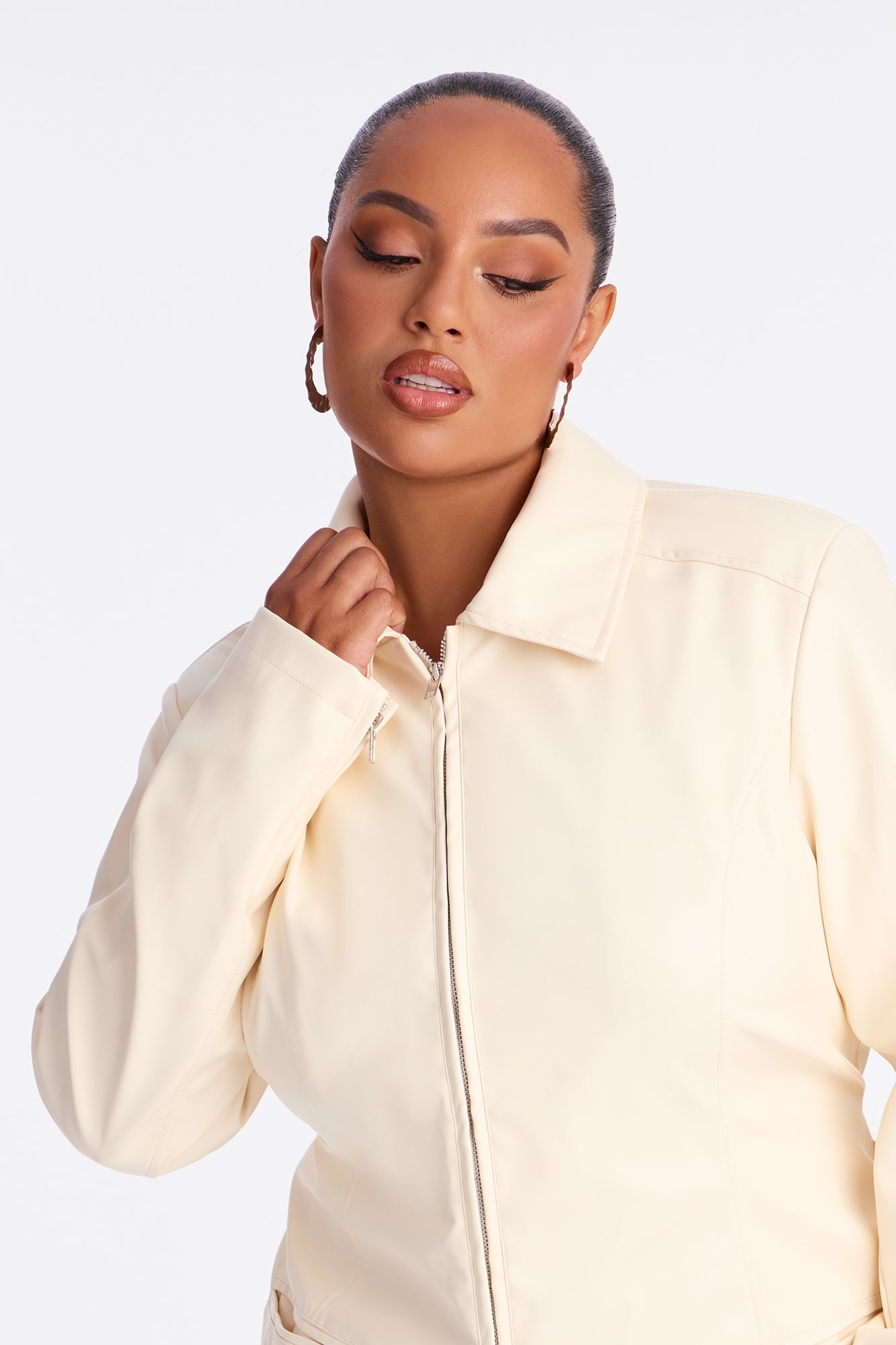 Kennedy Belted Faux Leather Zip Up Coat - Bone