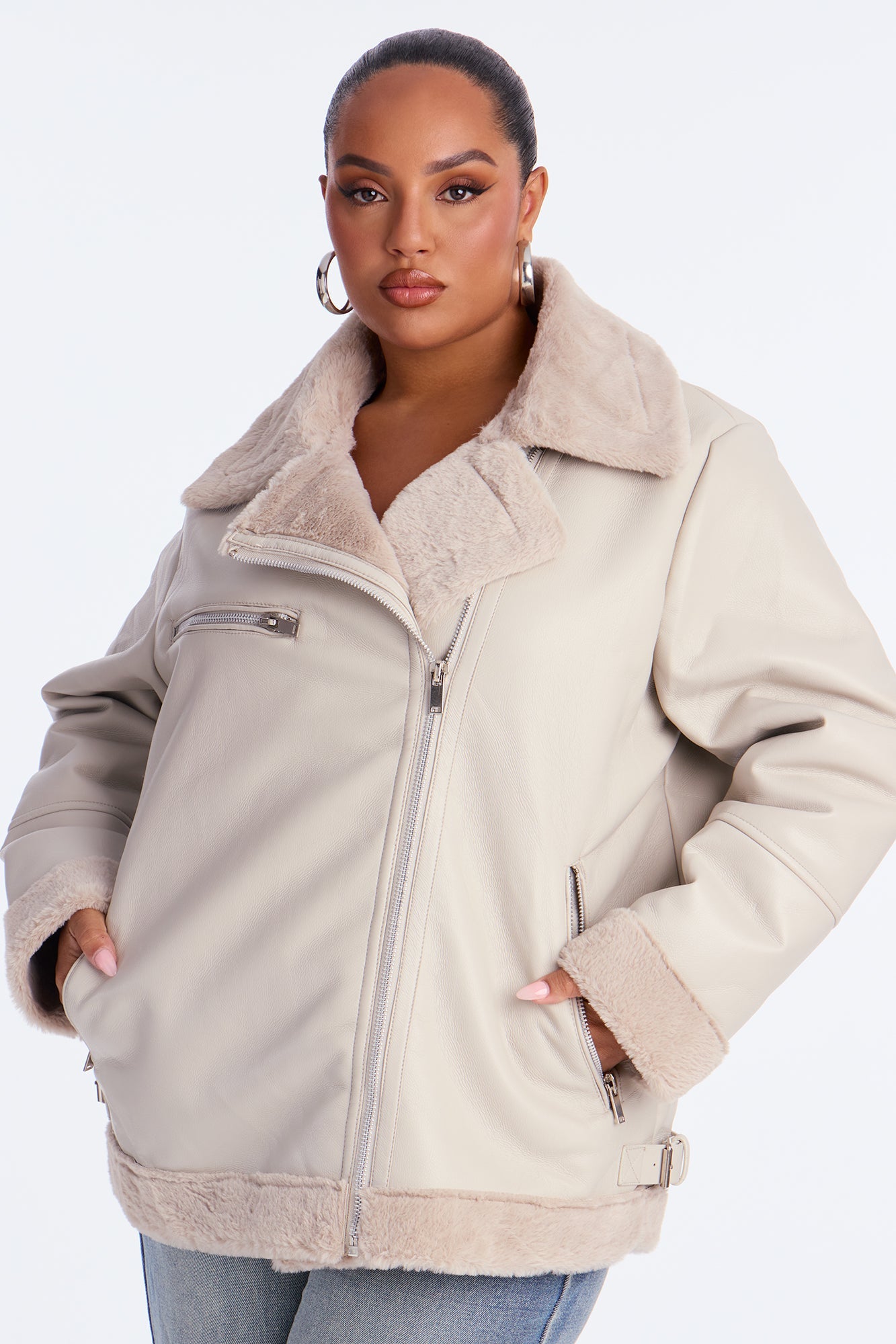 Chic Bad Ass Faux Leather Jacket - Stone