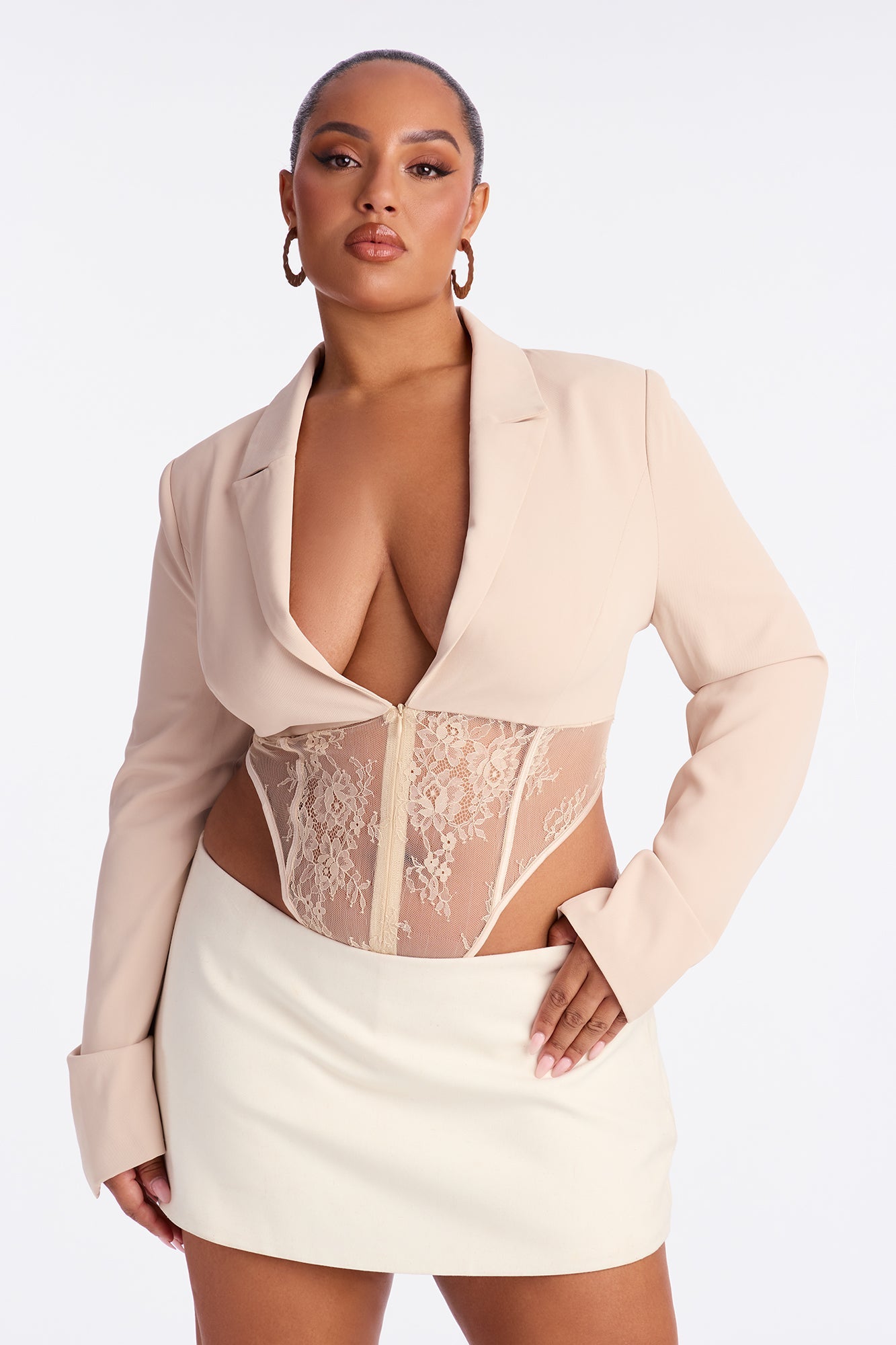 Isabella Shoulder Pads Lace Bodysuit - Beige