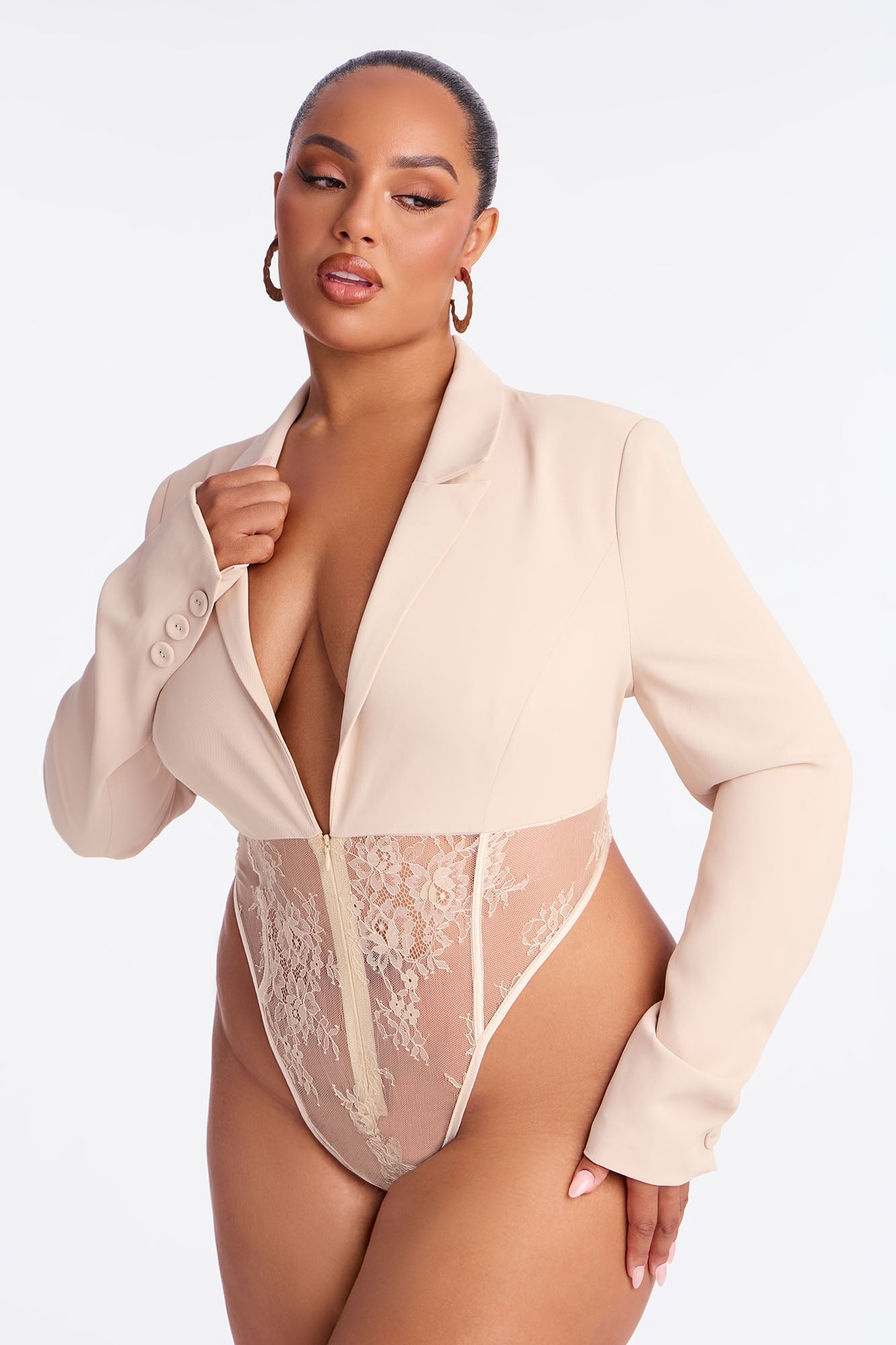 Isabella Shoulder Pads Lace Bodysuit - Beige