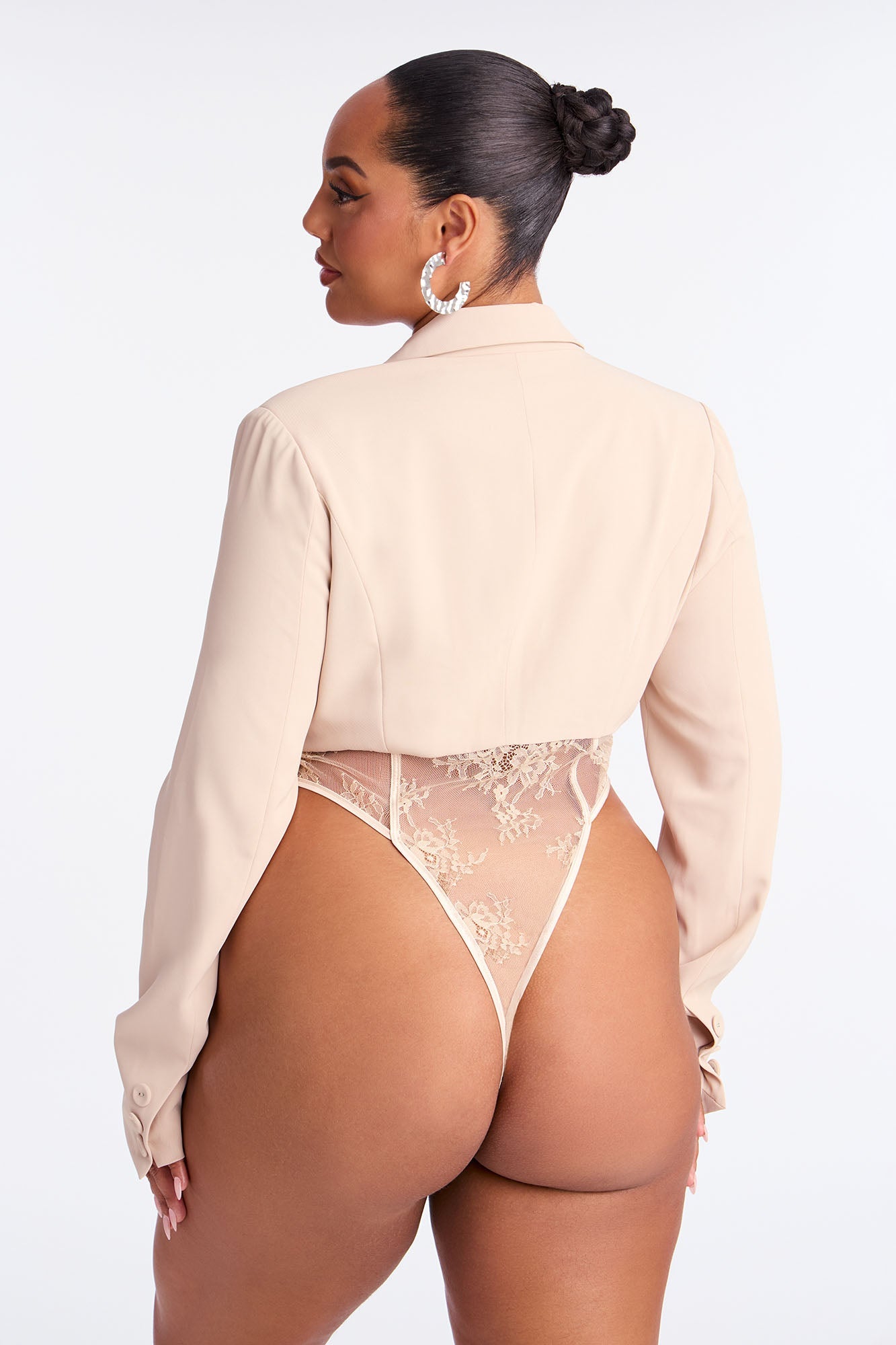 Isabella Shoulder Pads Lace Bodysuit - Beige