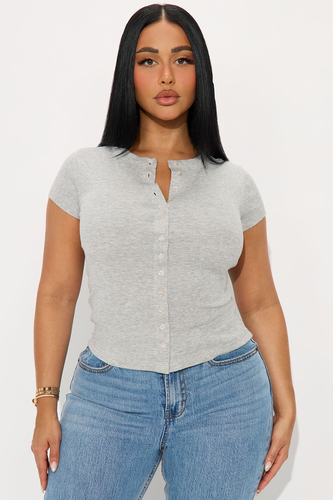 Freya Button Up Short Sleeve Top - Heather Grey