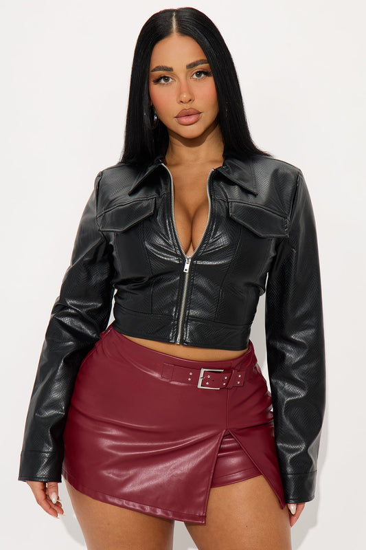 Silent Strike Cropped Snake Embossed Jacket - Black