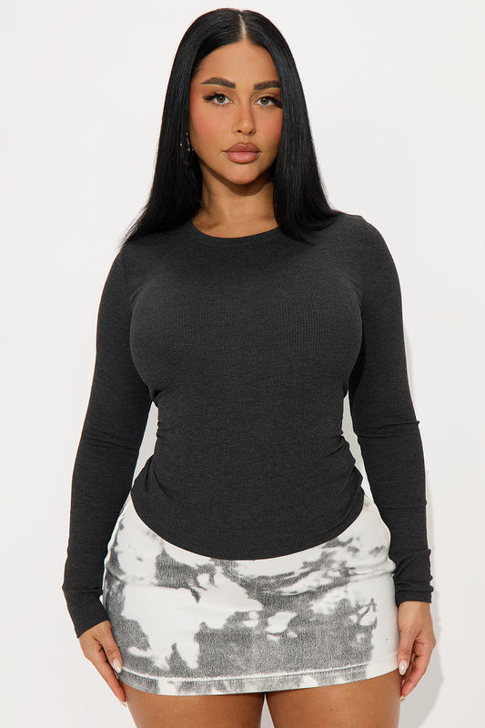 Mielle Crew Neck Ribbed Long Sleeve Top - Charcoal