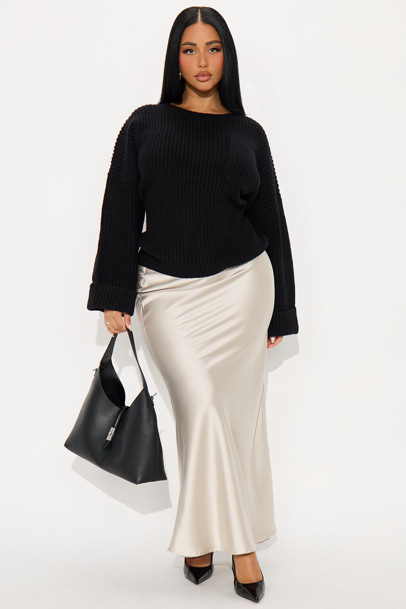 All Wrapped Up Chunky Knit Pullover Sweater - Black