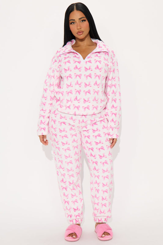 Wrapped In A Bow Plush Quarter Zip PJ Jogger Set - White/Pink