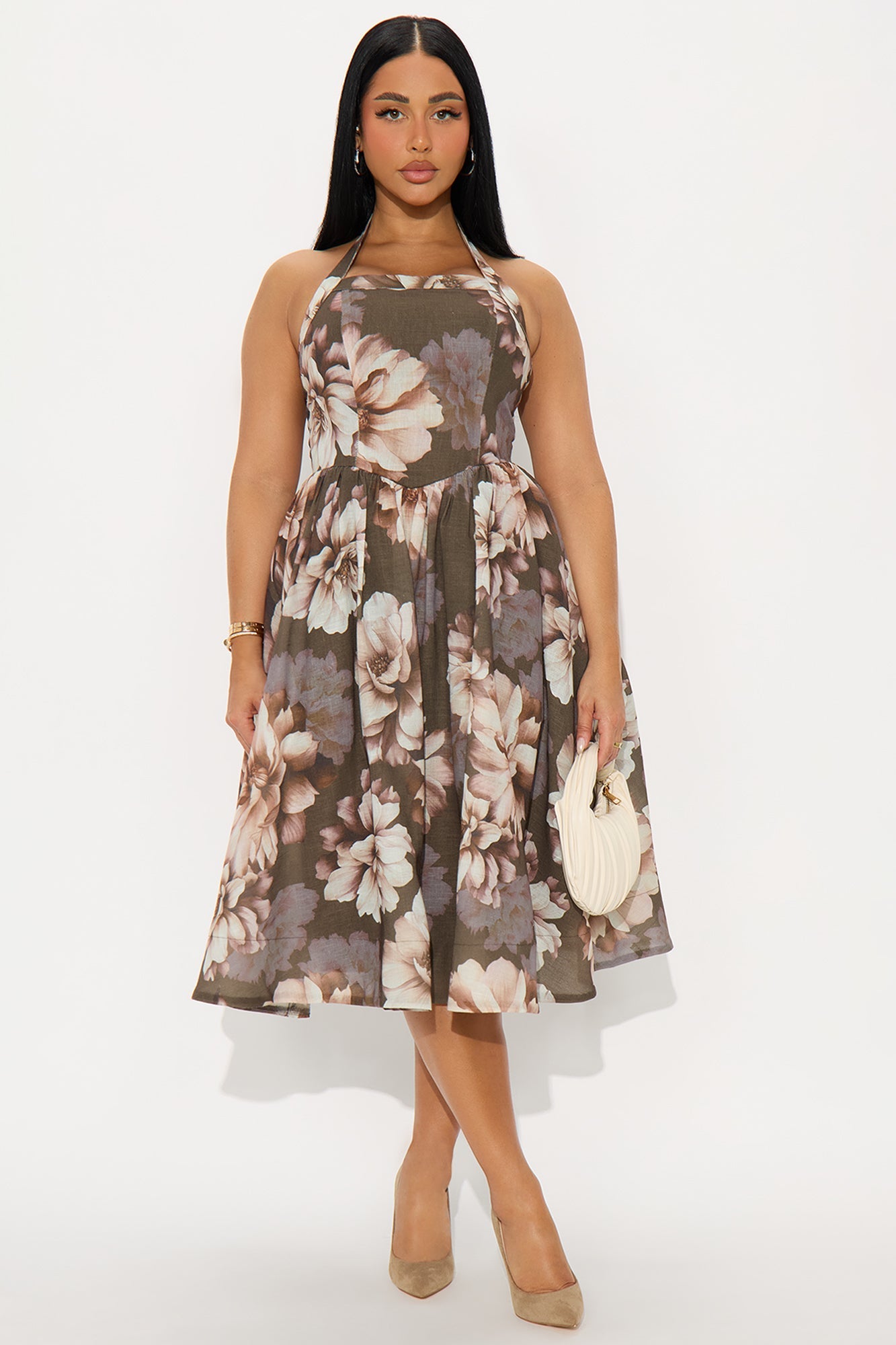 High Society Floral Linen Midi Dress - Olive