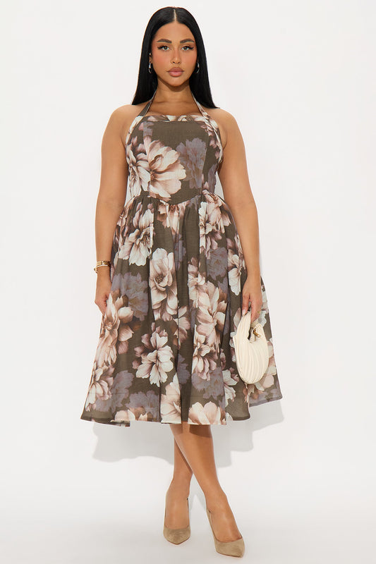 High Society Floral Linen Midi Dress - Olive