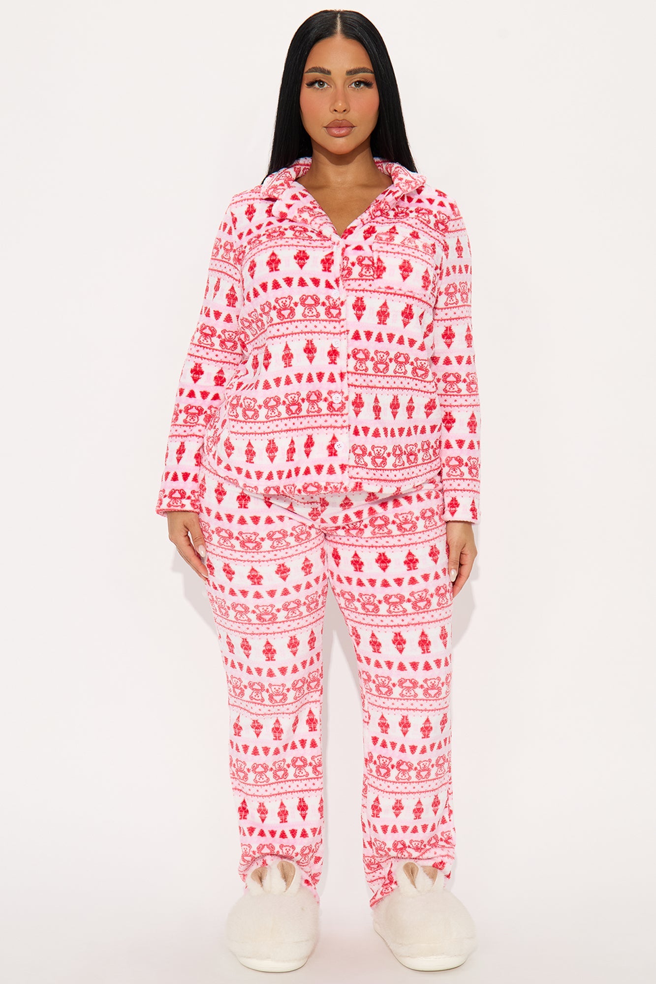 Coziest Bear Plush Long Sleeve PJ Pant Set - Red/combo