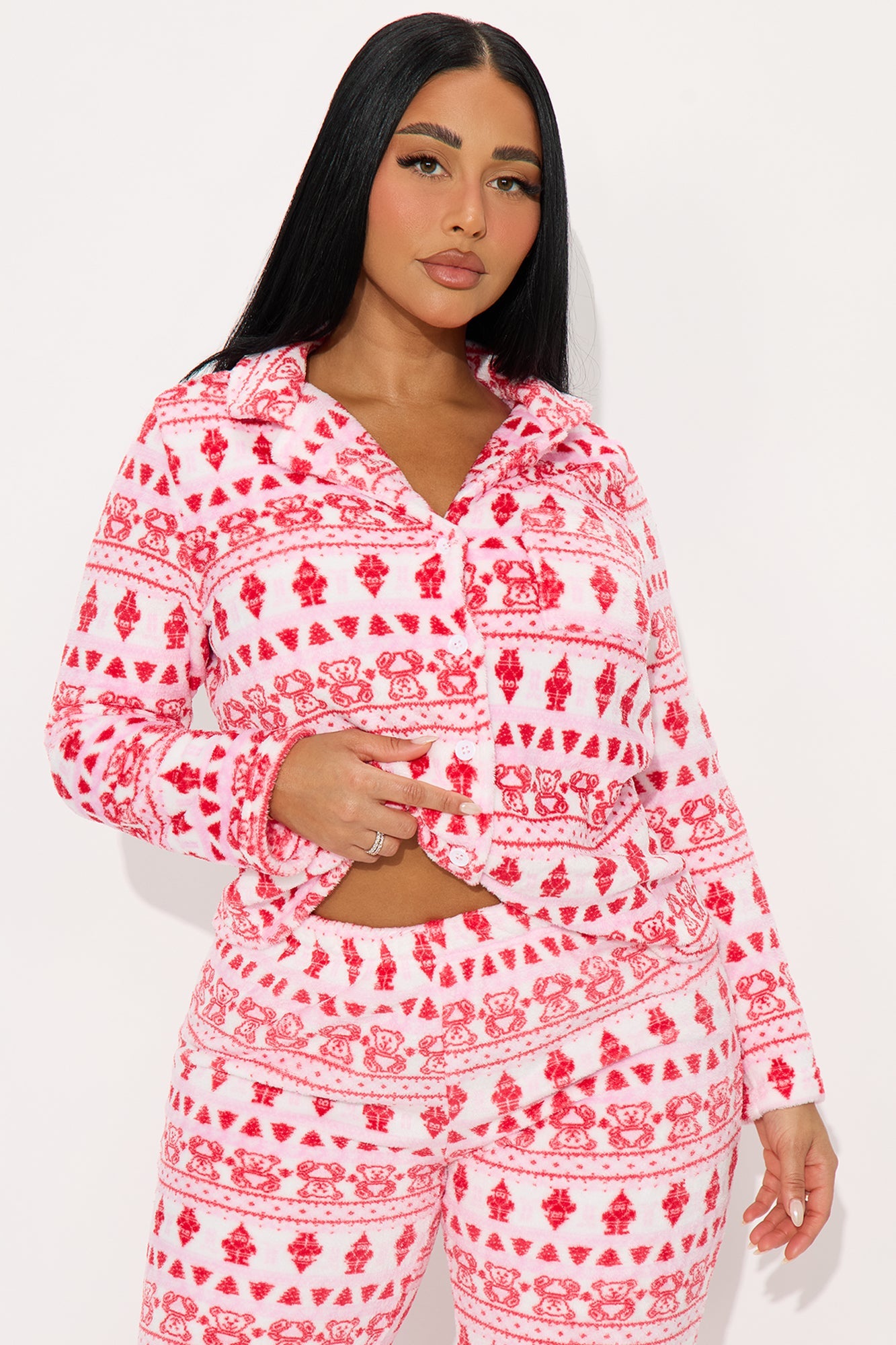 Coziest Bear Plush Long Sleeve PJ Pant Set - Red/combo