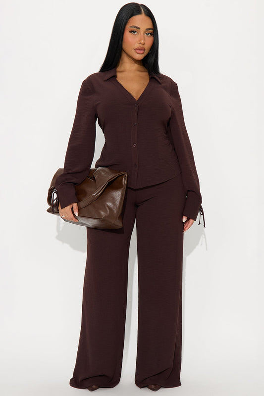Gemma Ruched Sides Pant Set - Chocolate