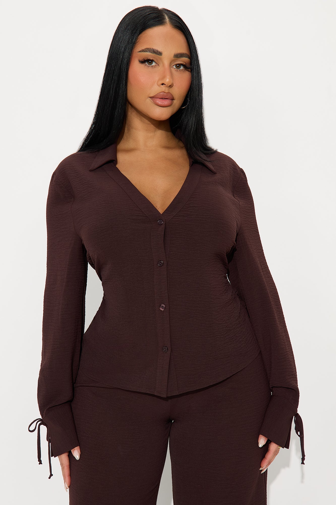 Gemma Ruched Sides Pant Set - Chocolate