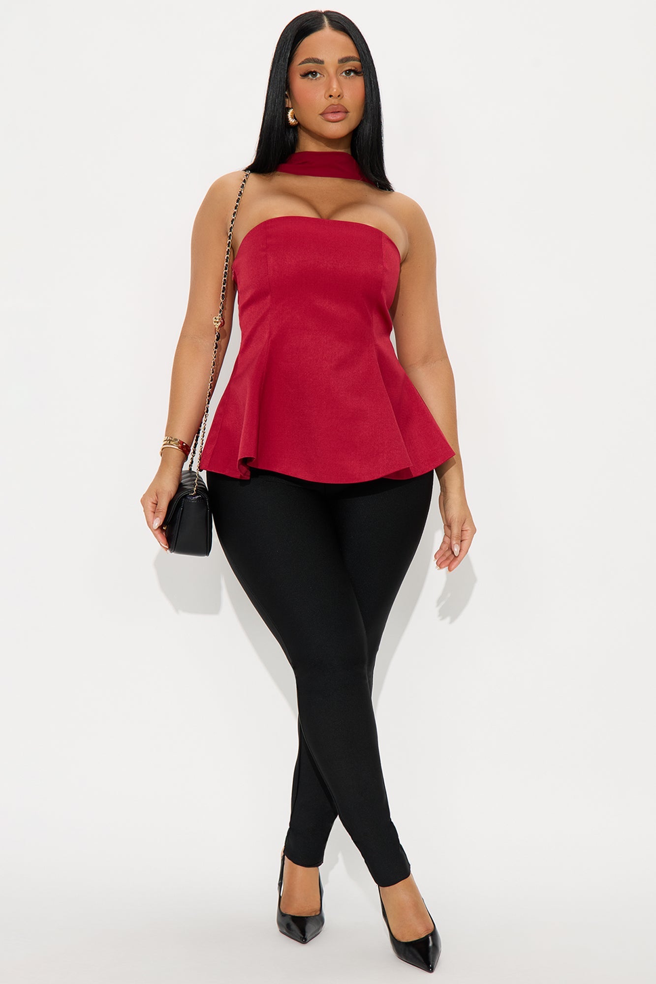 Dolled Up Scarf Peplum Top 2 Piece Set - Wine