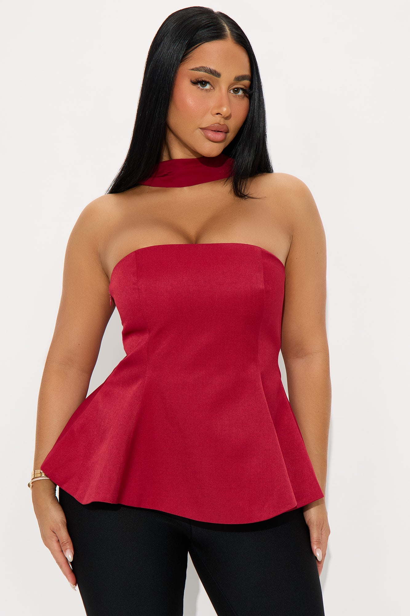 Dolled Up Scarf Peplum Top 2 Piece Set - Wine