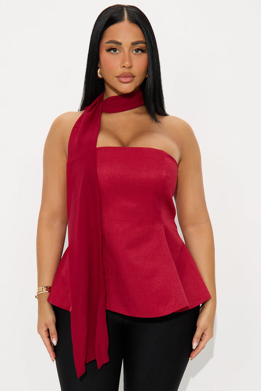 Dolled Up Scarf Peplum Top 2 Piece Set - Wine