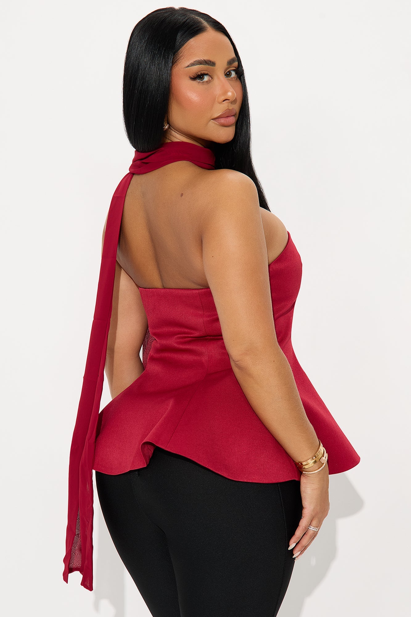 Dolled Up Scarf Peplum Top 2 Piece Set - Wine