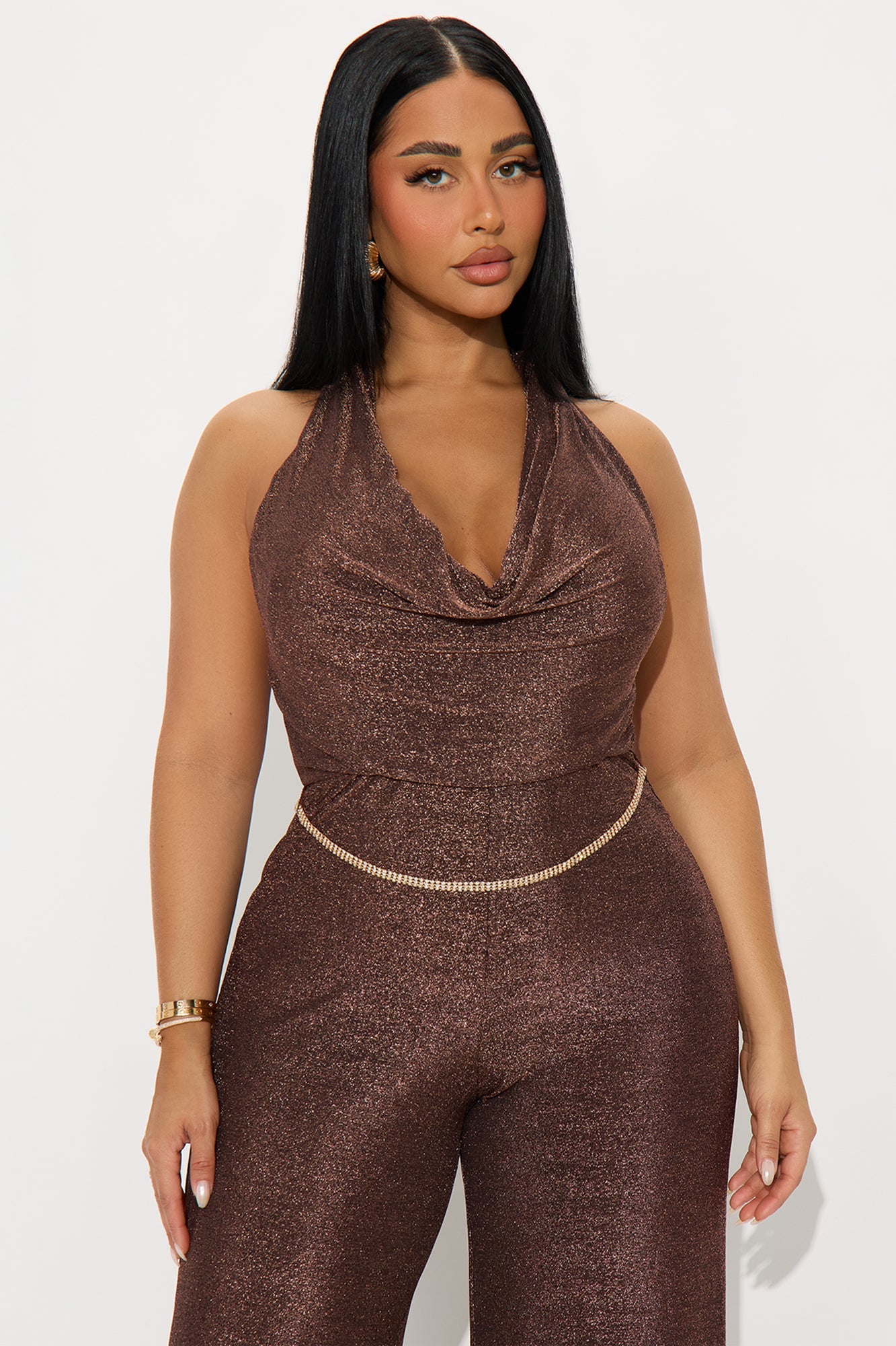 Galilea Metallic Halter Jumpsuit - Brown