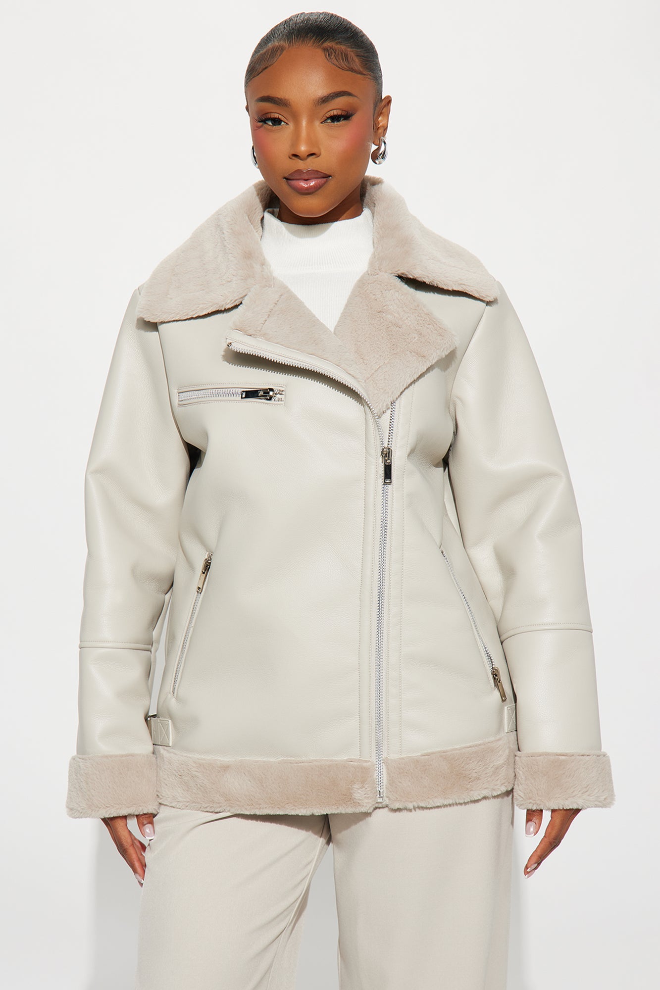 Chic Bad Ass Faux Leather Jacket - Stone