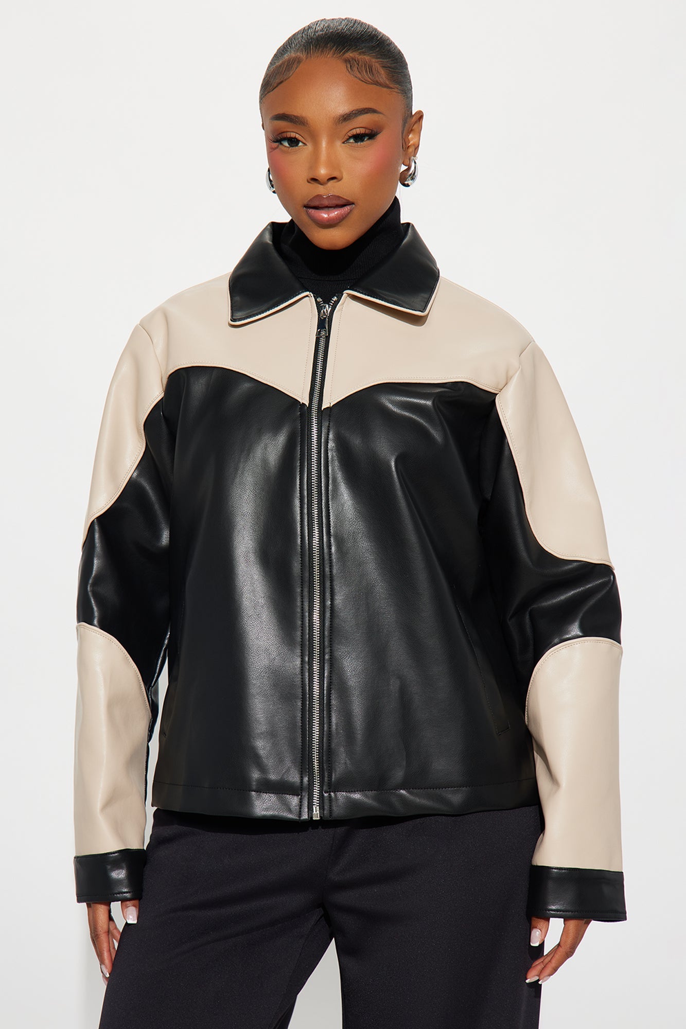 Jackie Oversized Faux Leather Moto Jacket - Taupe/combo
