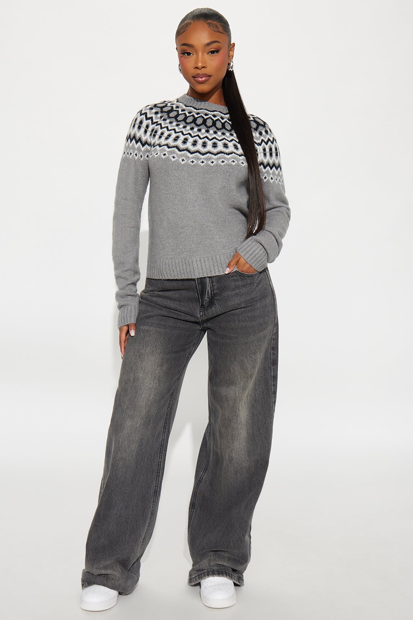 Jilli Fair Isle Pullover Sweater - Heather Grey