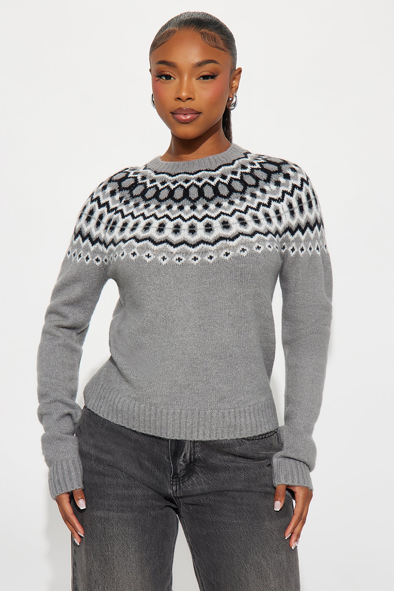 Jilli Fair Isle Pullover Sweater - Heather Grey