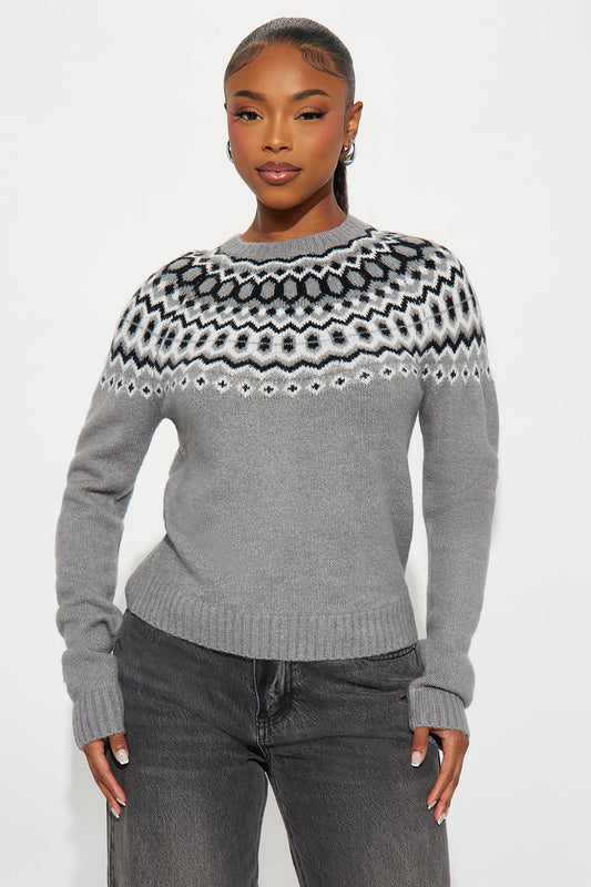 Jilli Fair Isle Pullover Sweater - Heather Grey