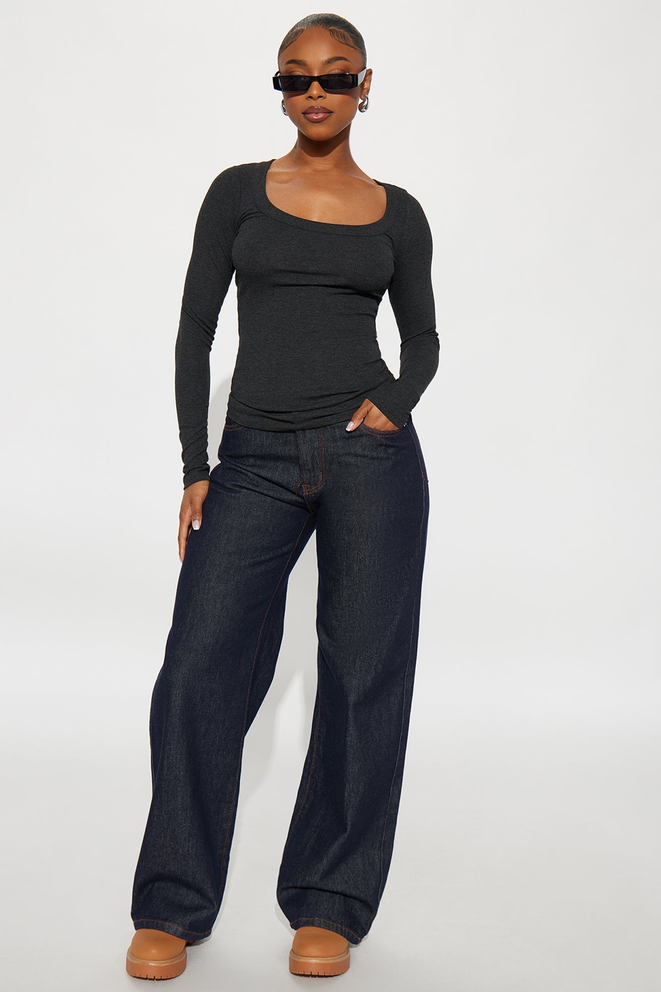 Bella Basic Scoop Neck Ribbed Top - Charcoal