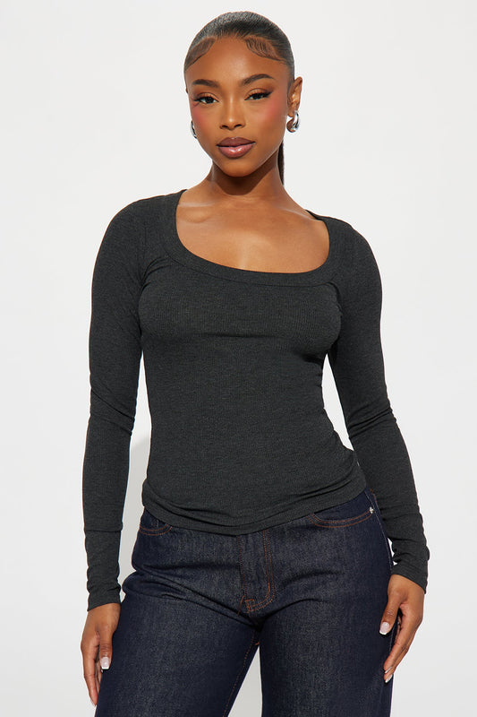Bella Basic Scoop Neck Ribbed Top - Charcoal