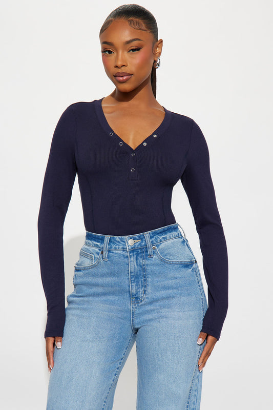 Mina Henley Long Sleeve Top - Navy