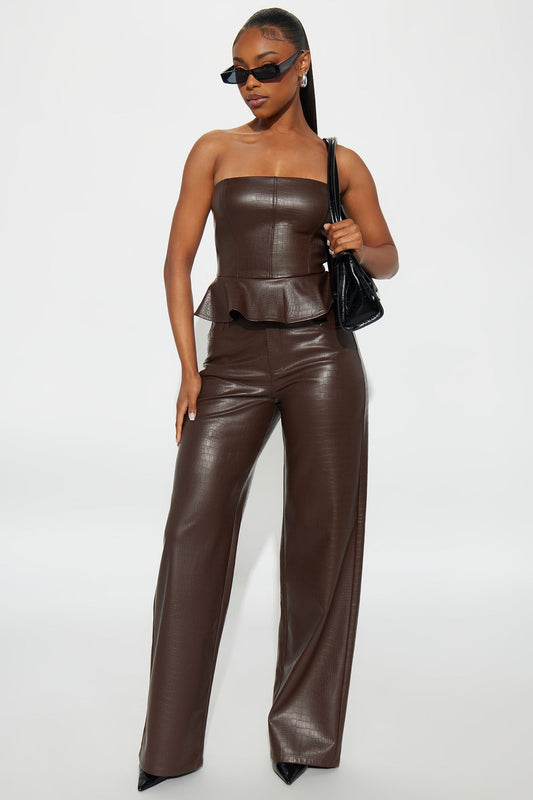 Sierra Strapless Faux Leather Pant Set - Brown