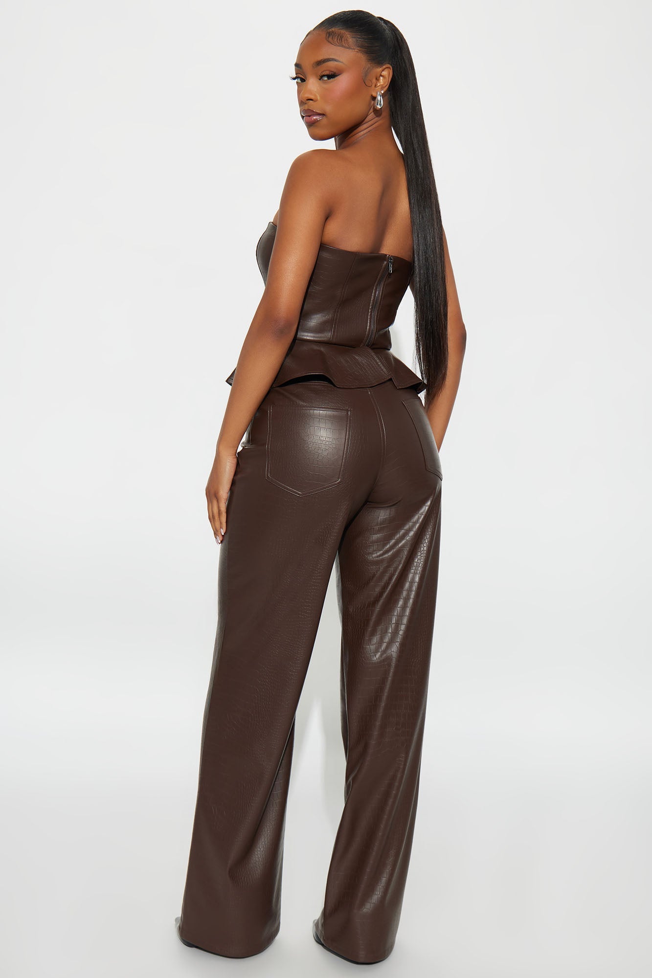 Sierra Strapless Faux Leather Pant Set - Brown