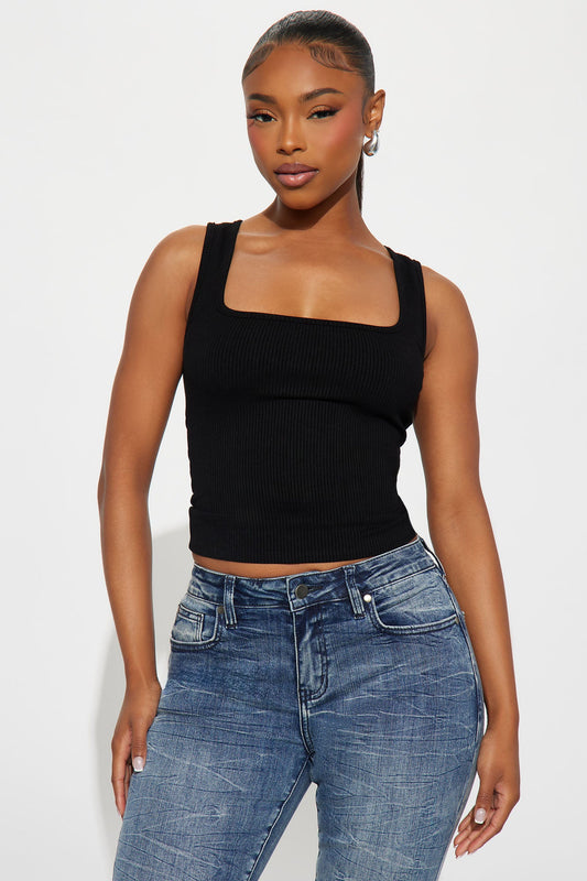 Mila Square Neck Snatched Tank Top - Black