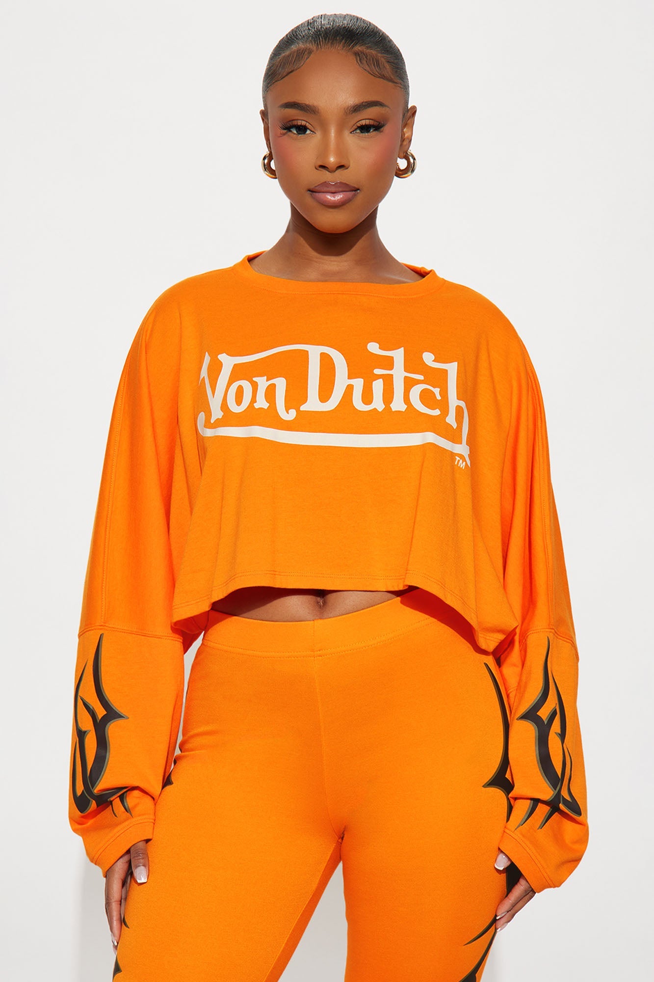 Von Dutch Edgy Long Sleeve Cropped Top - Orange