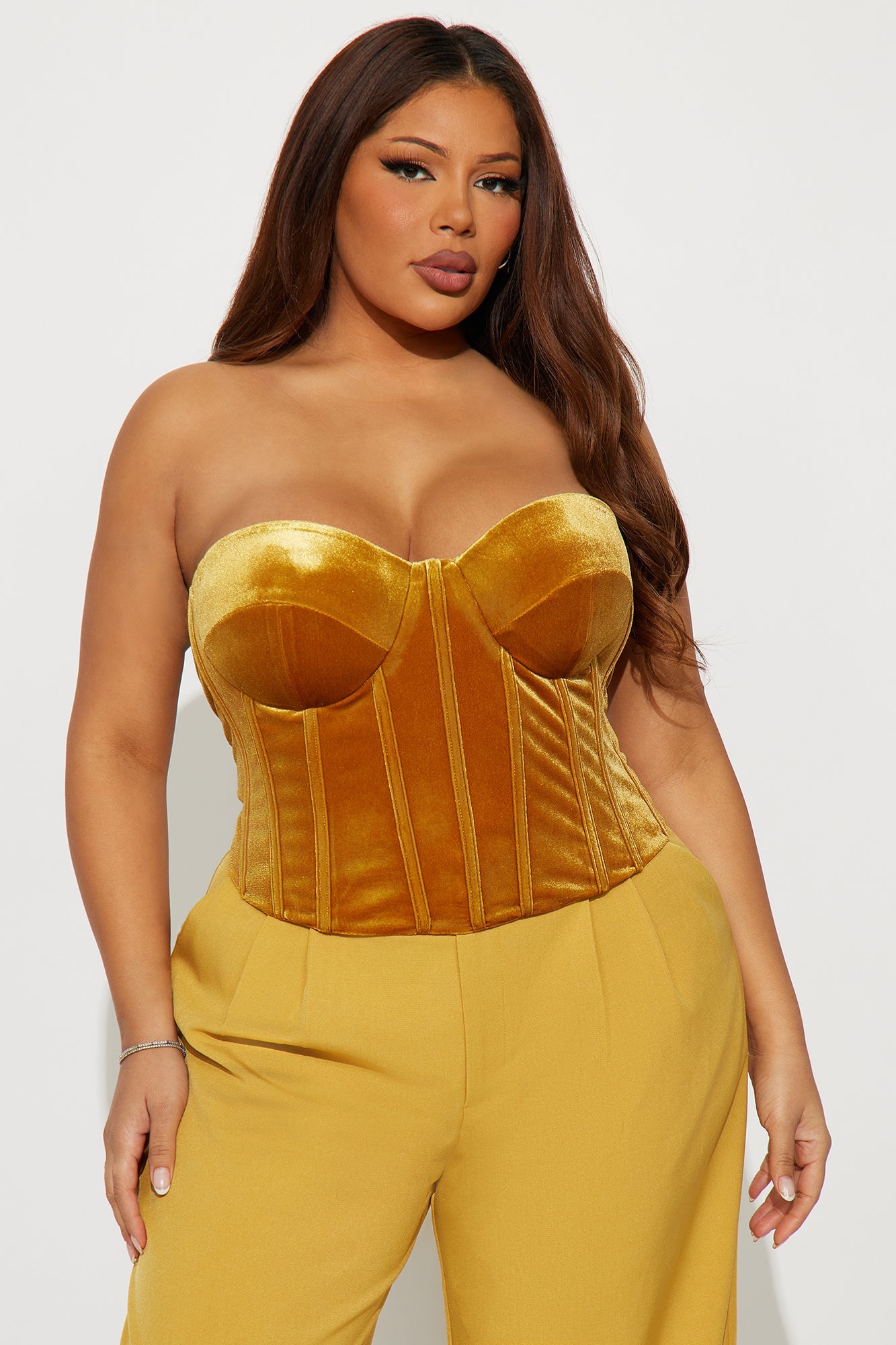 Bold Moves Lace Up Velvet Corset - Mustard