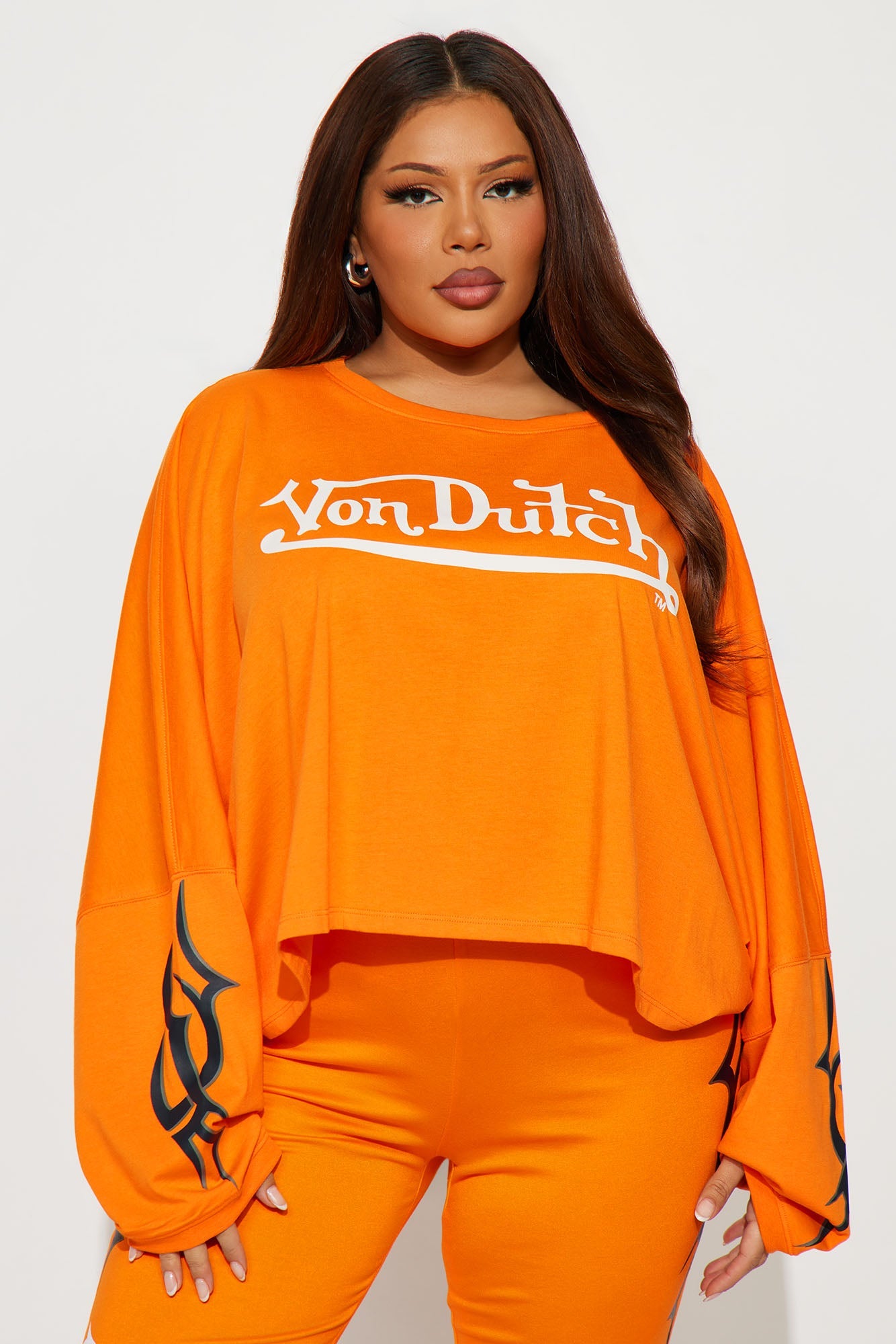 Von Dutch Edgy Long Sleeve Cropped Top - Orange