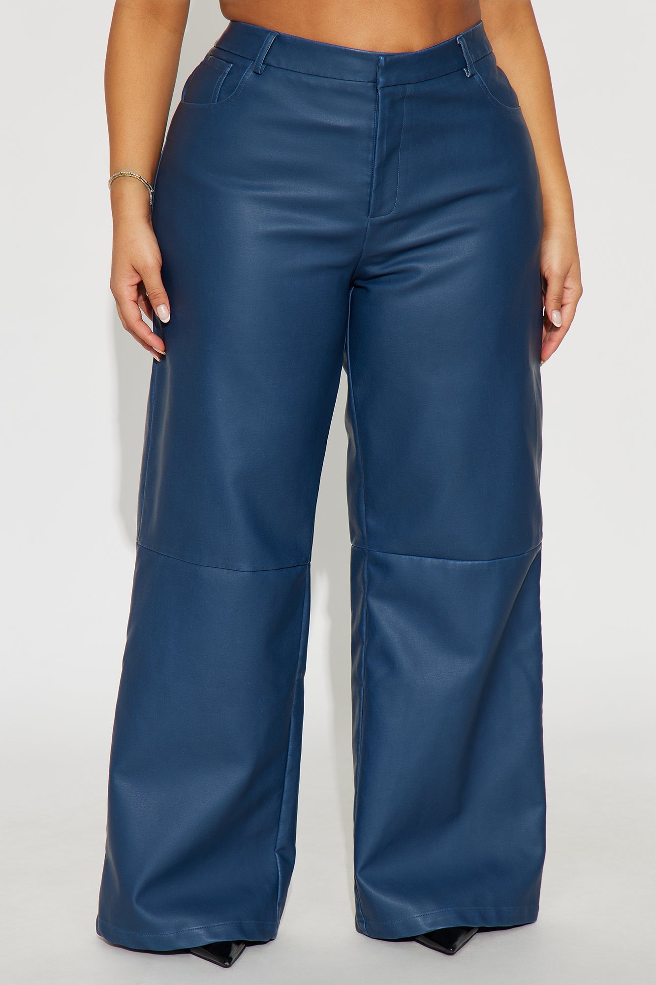 Double Down Faux Leather Wide Leg Pant 33″ - Blue