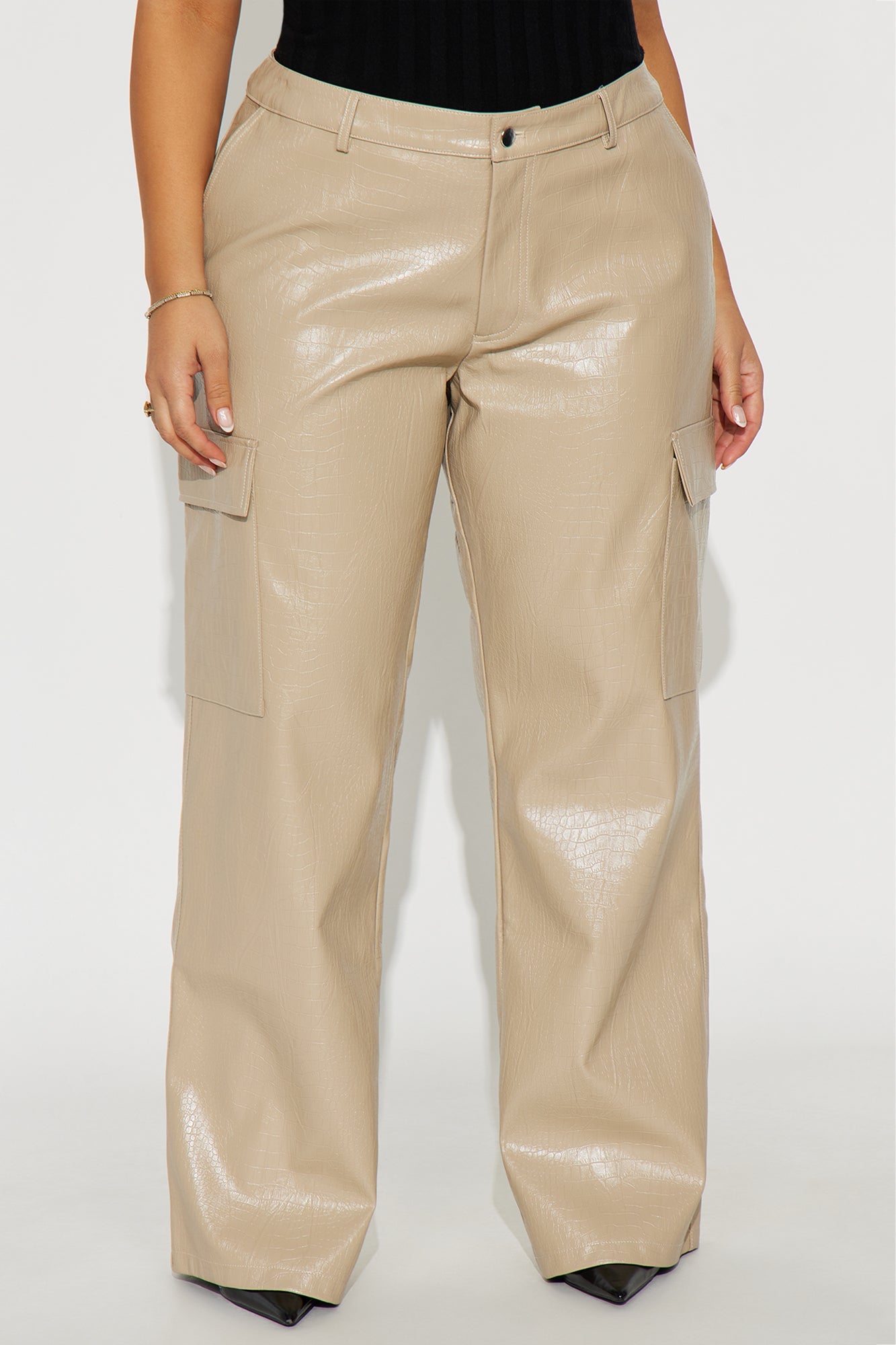 No Competition Here Faux Leather Wide Leg Croc Pant 33 - Bone