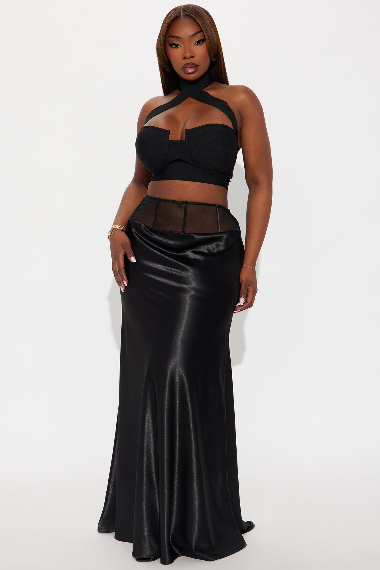 Gothic Nights Corset Satin Maxi Skirt - Black