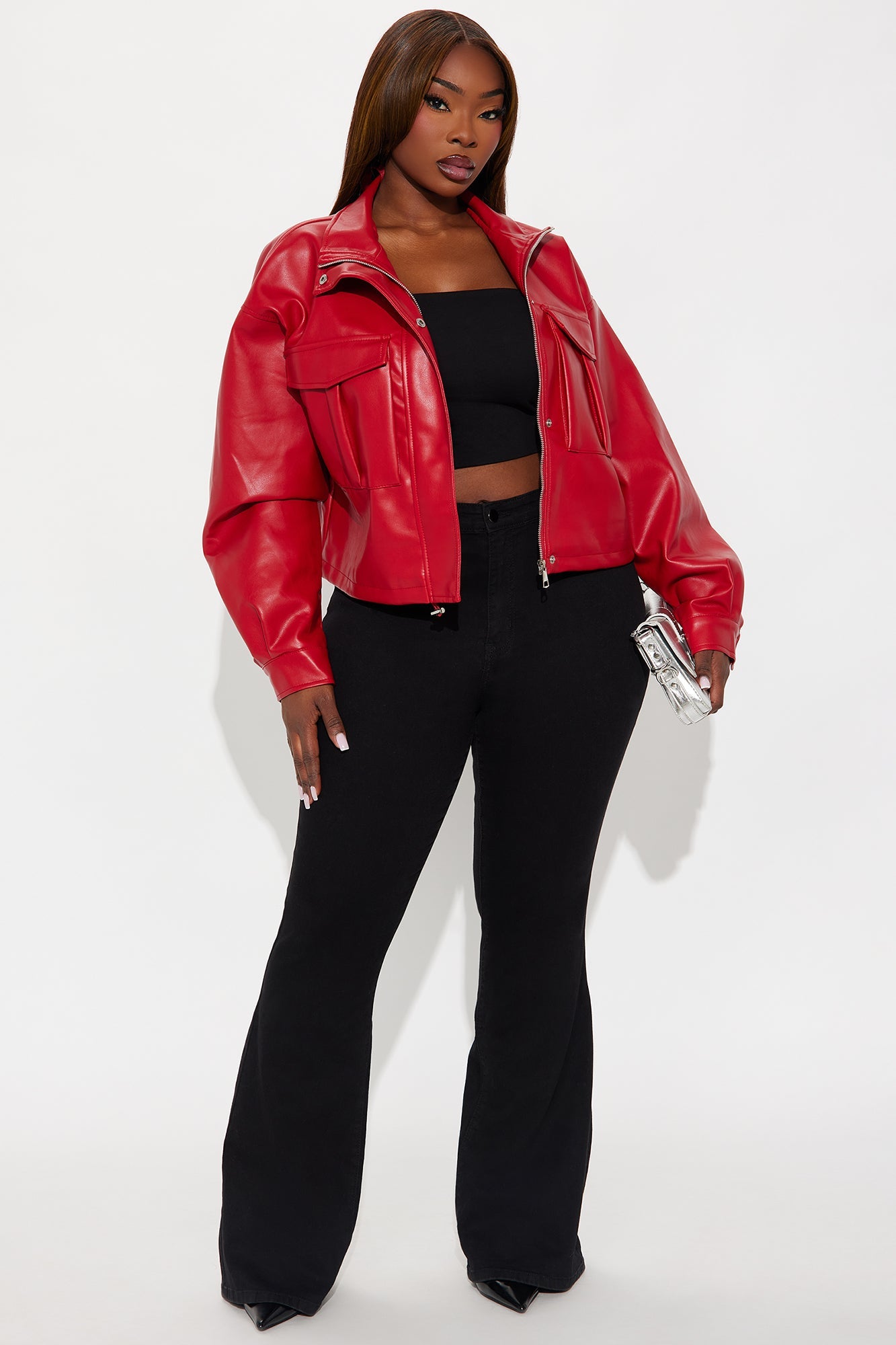 No Hard Feelings Faux Leather Cropped Bomber Jacket - DarkRed
