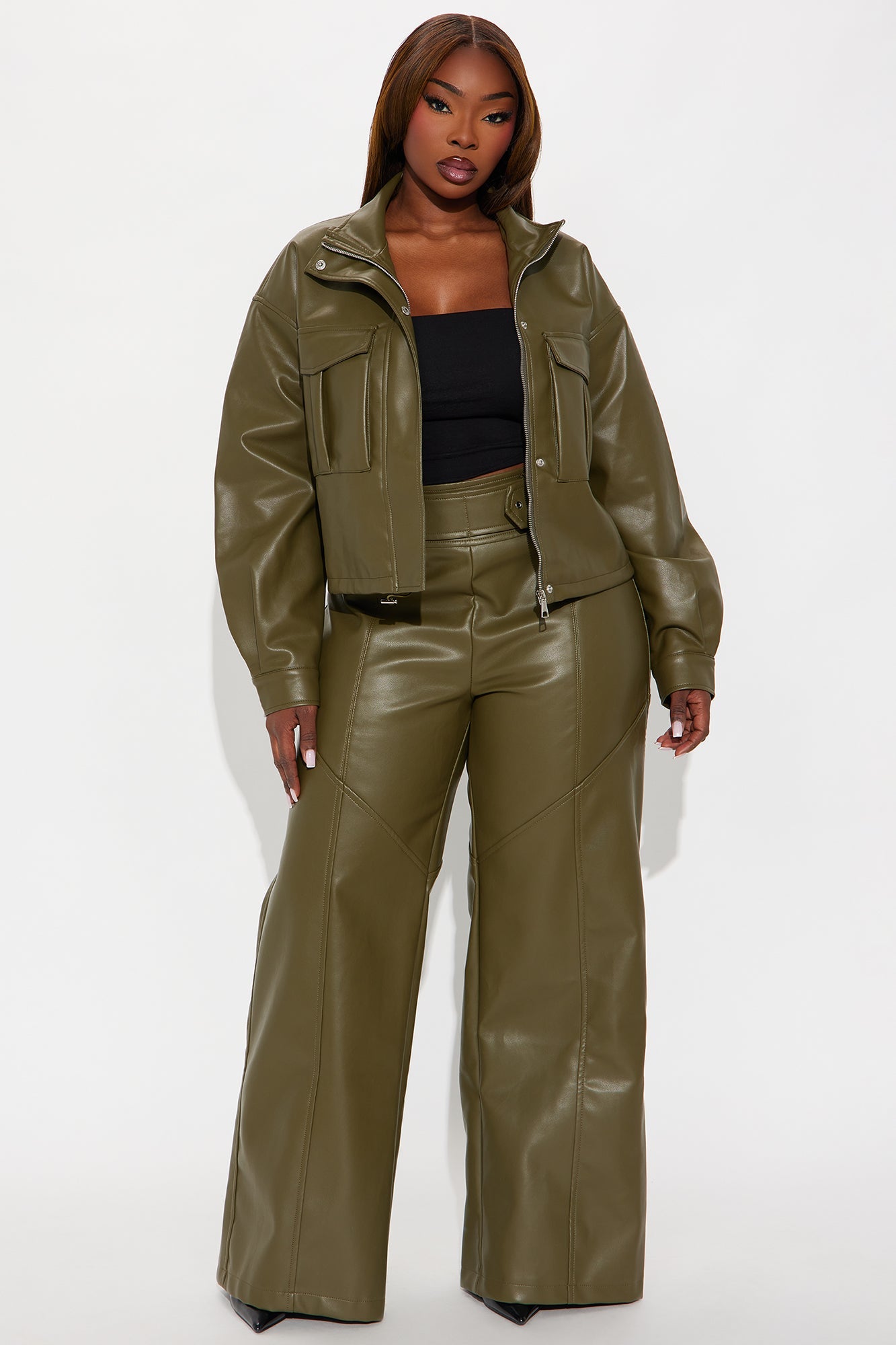 No Hard Feelings Faux Leather Cropped Bomber Jacket - Military Green