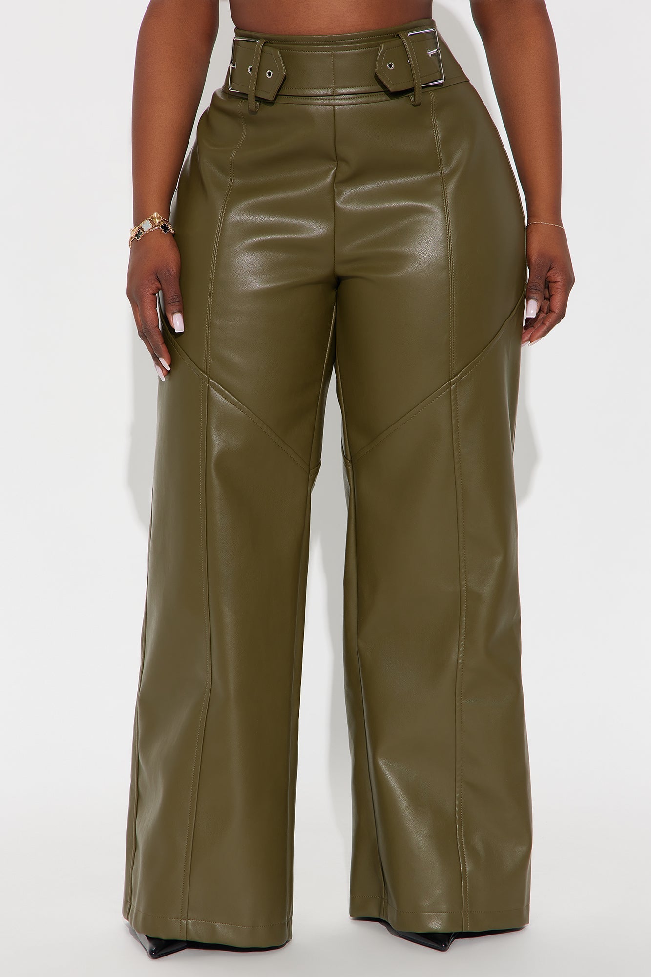 Set In My Ways High Rise Faux Leather Wide Leg Pant 33 - Olive