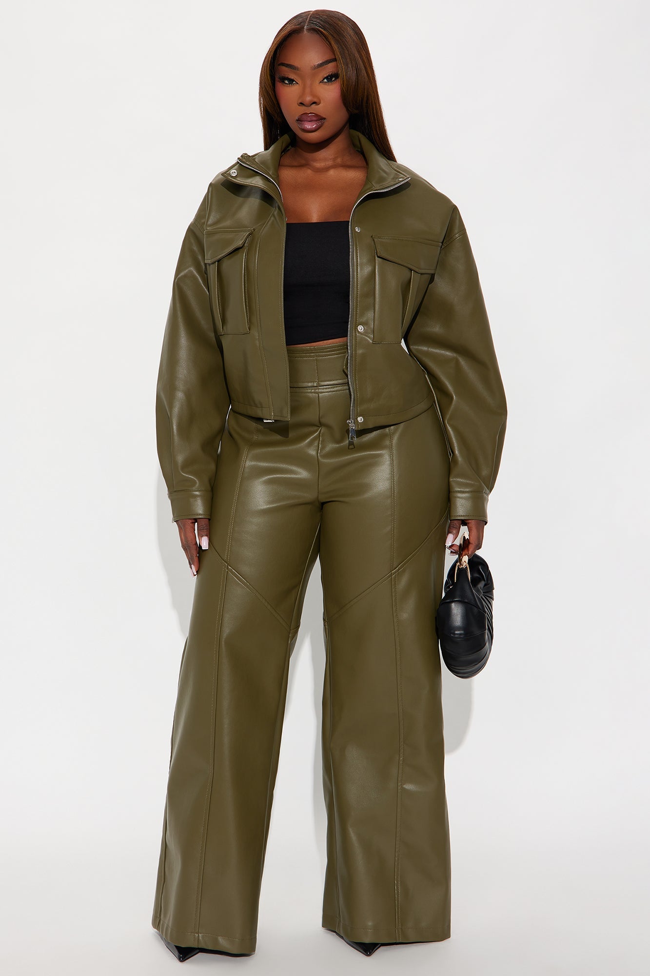 Set In My Ways High Rise Faux Leather Wide Leg Pant 33 - Olive