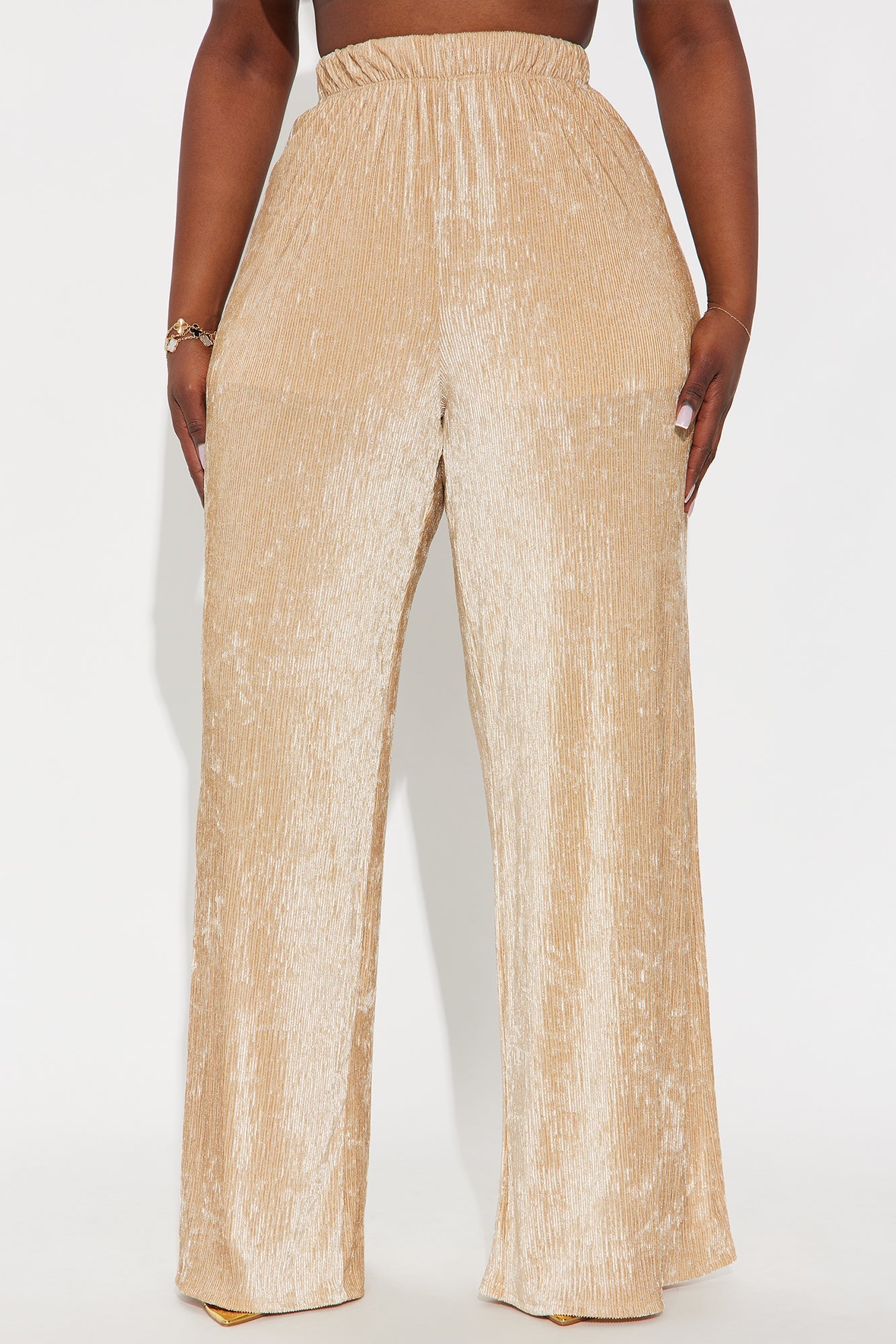 Main Character Energy Shimmer Plisse Pant 32″ - Champagne