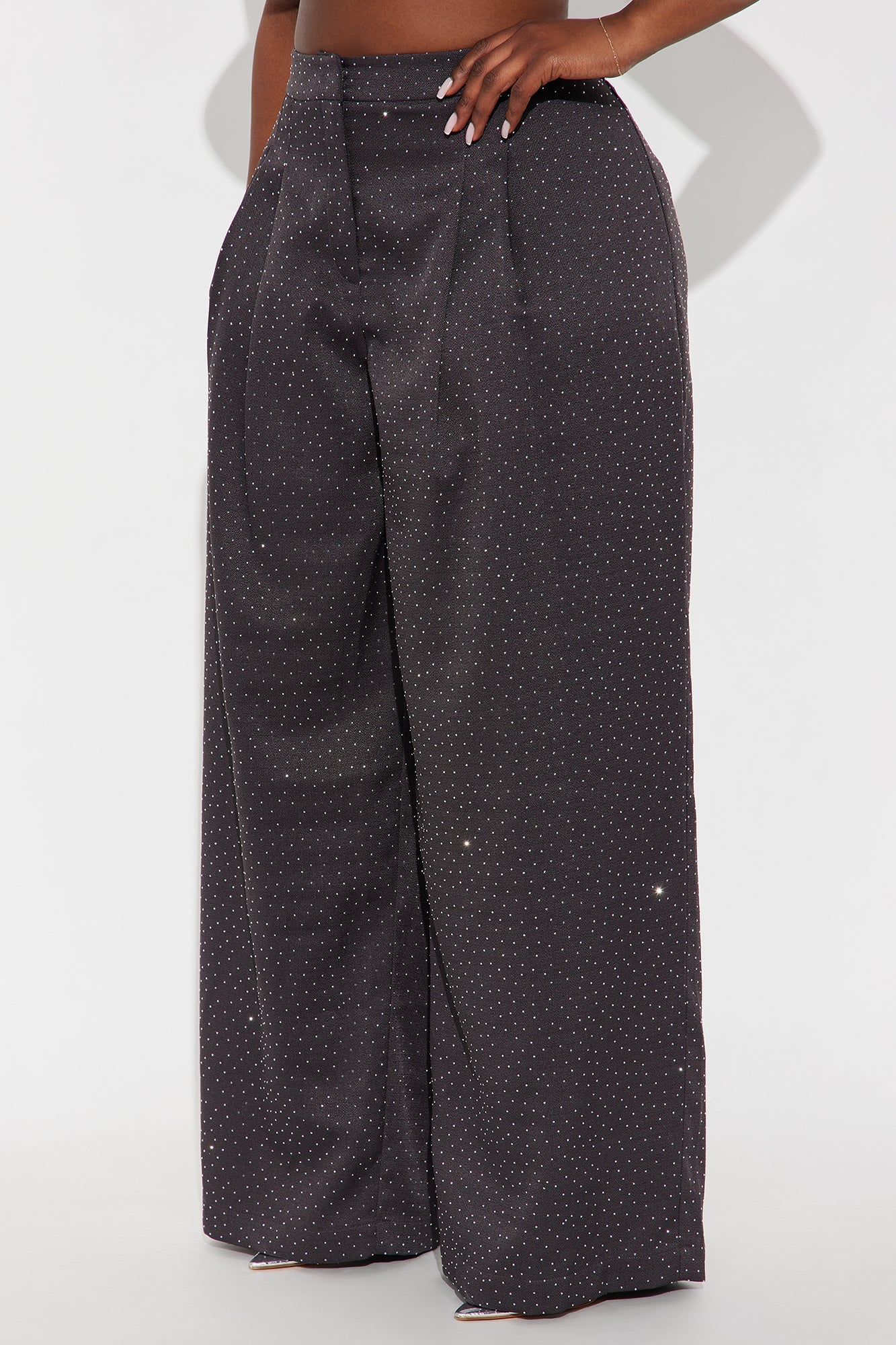 Eyes On Me Rhinestone Wide Leg Pant 32″ - Charcoal