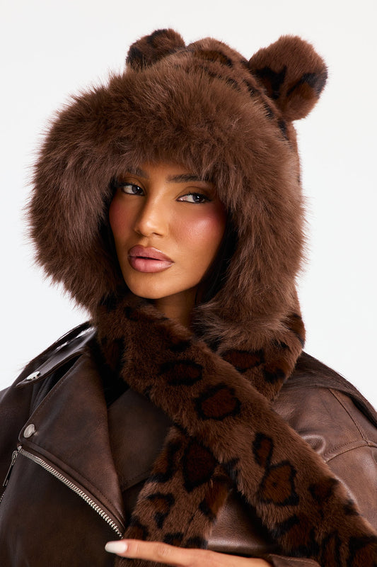 Roaring Nights Faux Fur Hooded Scarf - Brown/combo